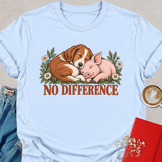 Light blue dog and pig friendship graphic T-shirt with 'No Difference' text