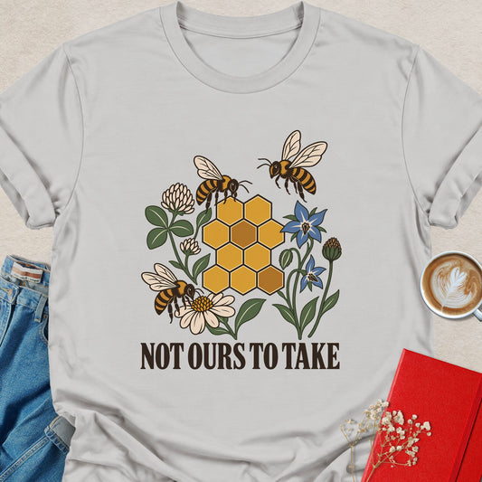 Light gray bee and honeycomb graphic T-shirt with floral slogan