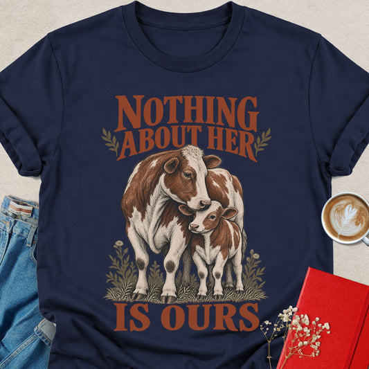 Navy T-shirt with cow and calf graphic and bold text print