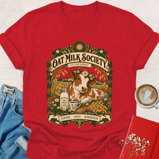 Oat Milk Society cow T-shirt in red with ornate floral front graphic