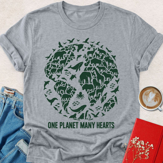 Heather gray graphic T-shirt with animal heart print and One Planet Many Hearts text