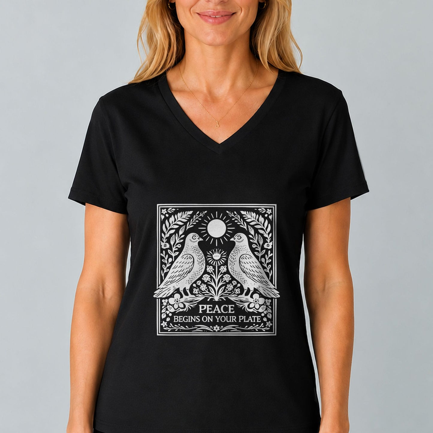 Peace Begins On Your Plate V-Neck | Vegan Graphic Tee