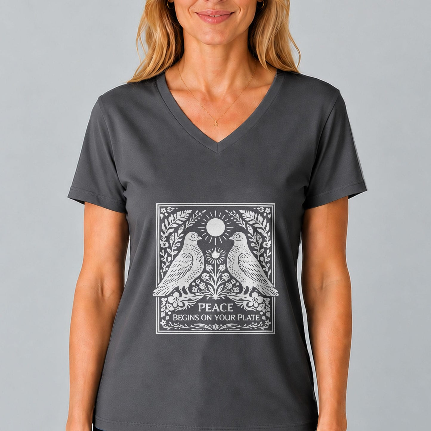 Peace Begins On Your Plate V-Neck | Vegan Graphic Tee