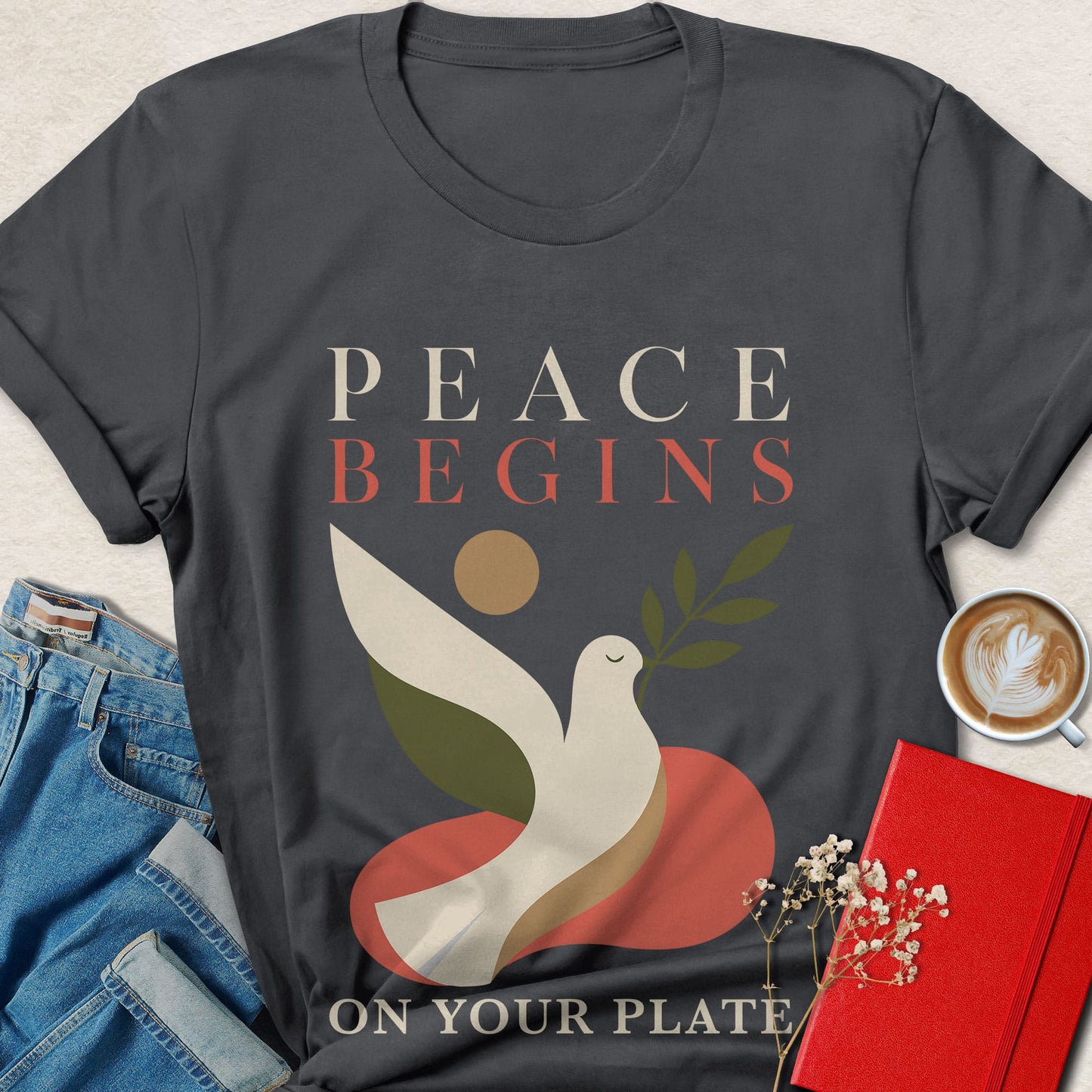 Peace Begins on Your Plate Vintage Floral Dove Vegan T-shirt