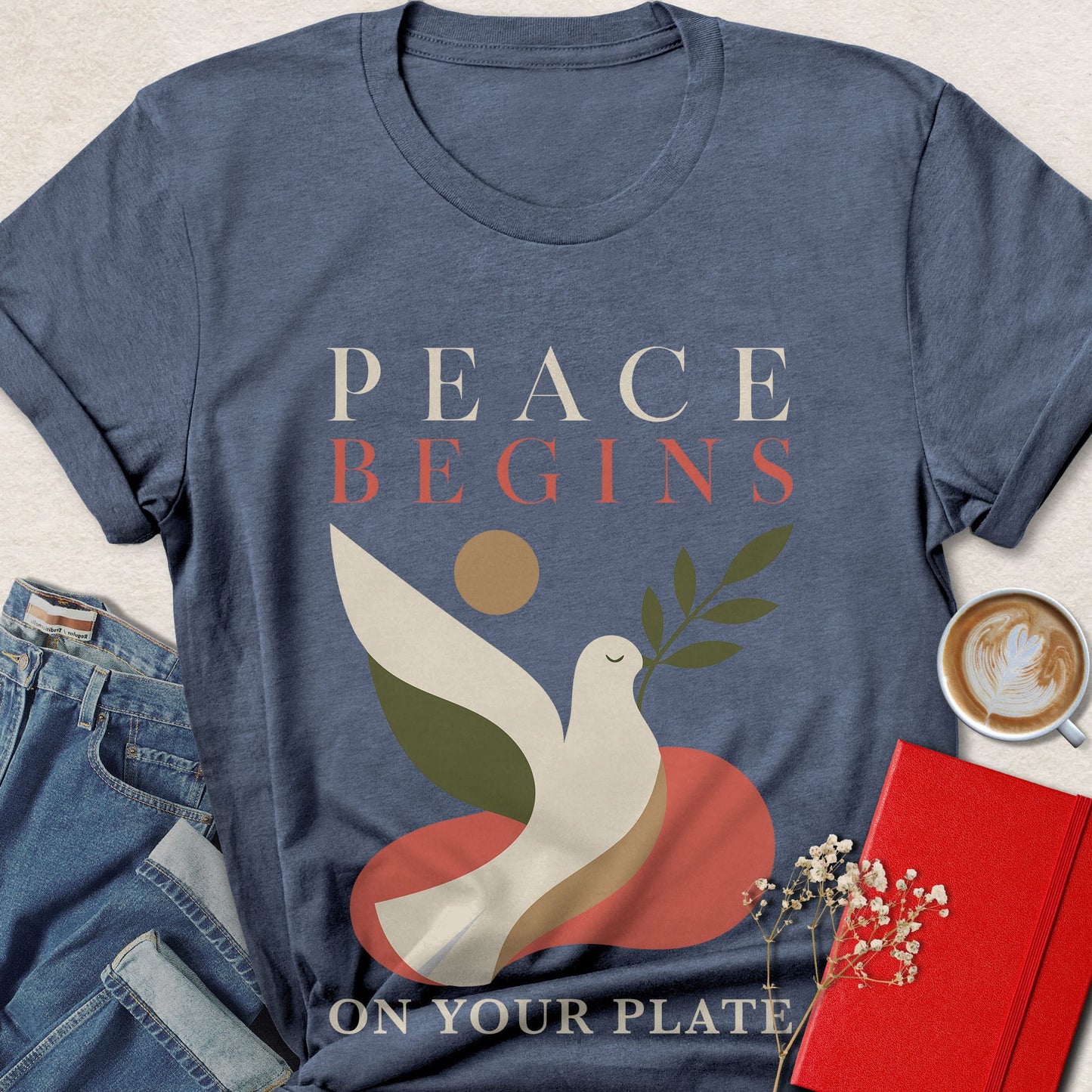 Peace Begins on Your Plate Vintage Floral Dove Vegan T-shirt