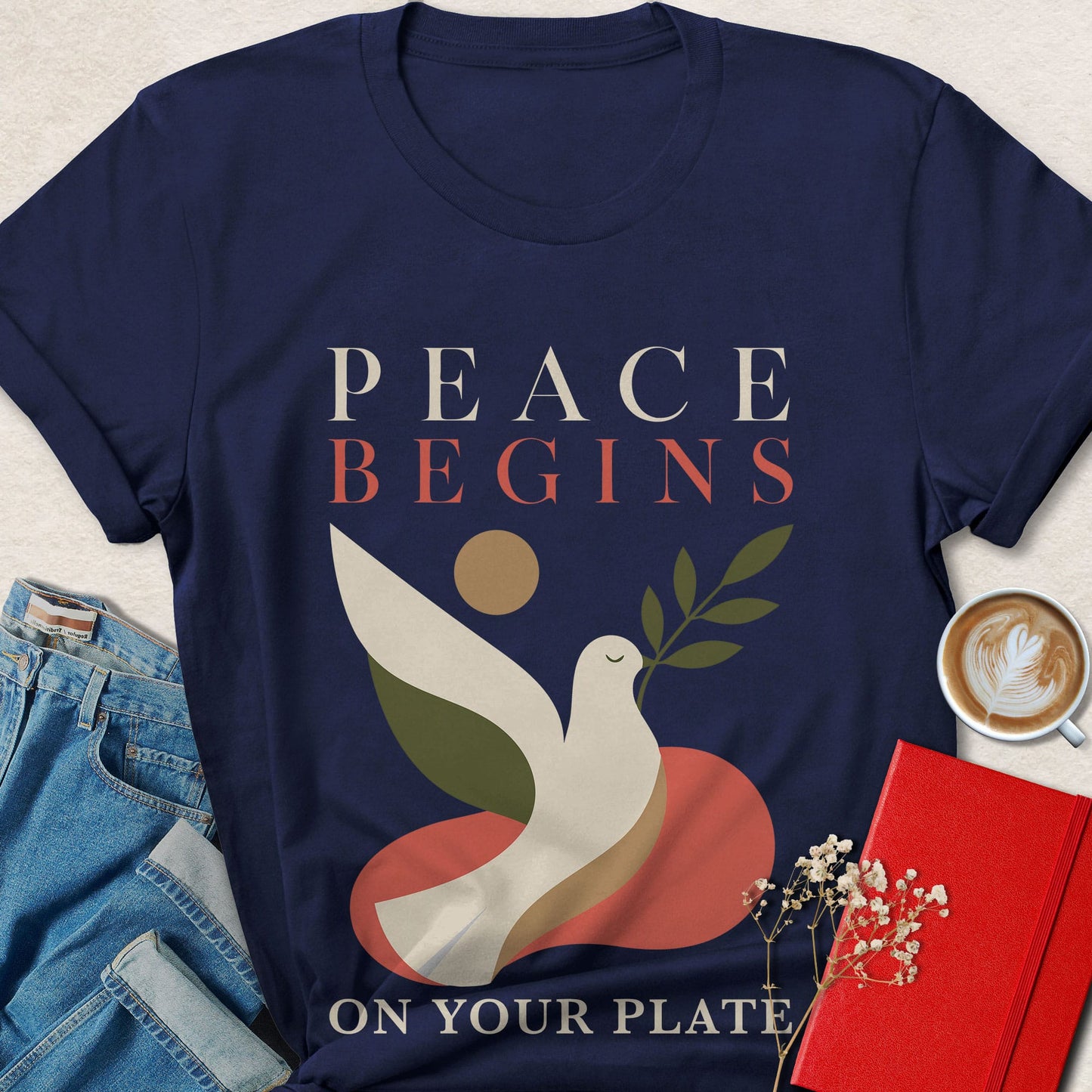 Peace Begins on Your Plate Vintage Floral Dove Vegan T-shirt