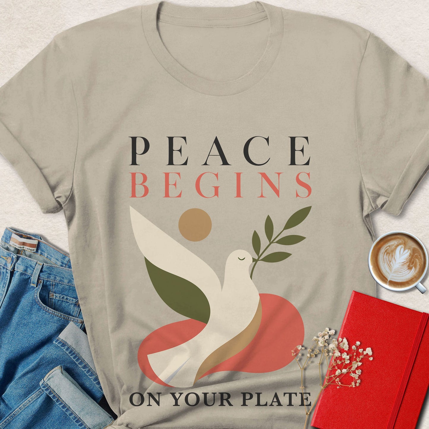 Peace Begins on Your Plate Vintage Floral Dove Vegan T-shirt