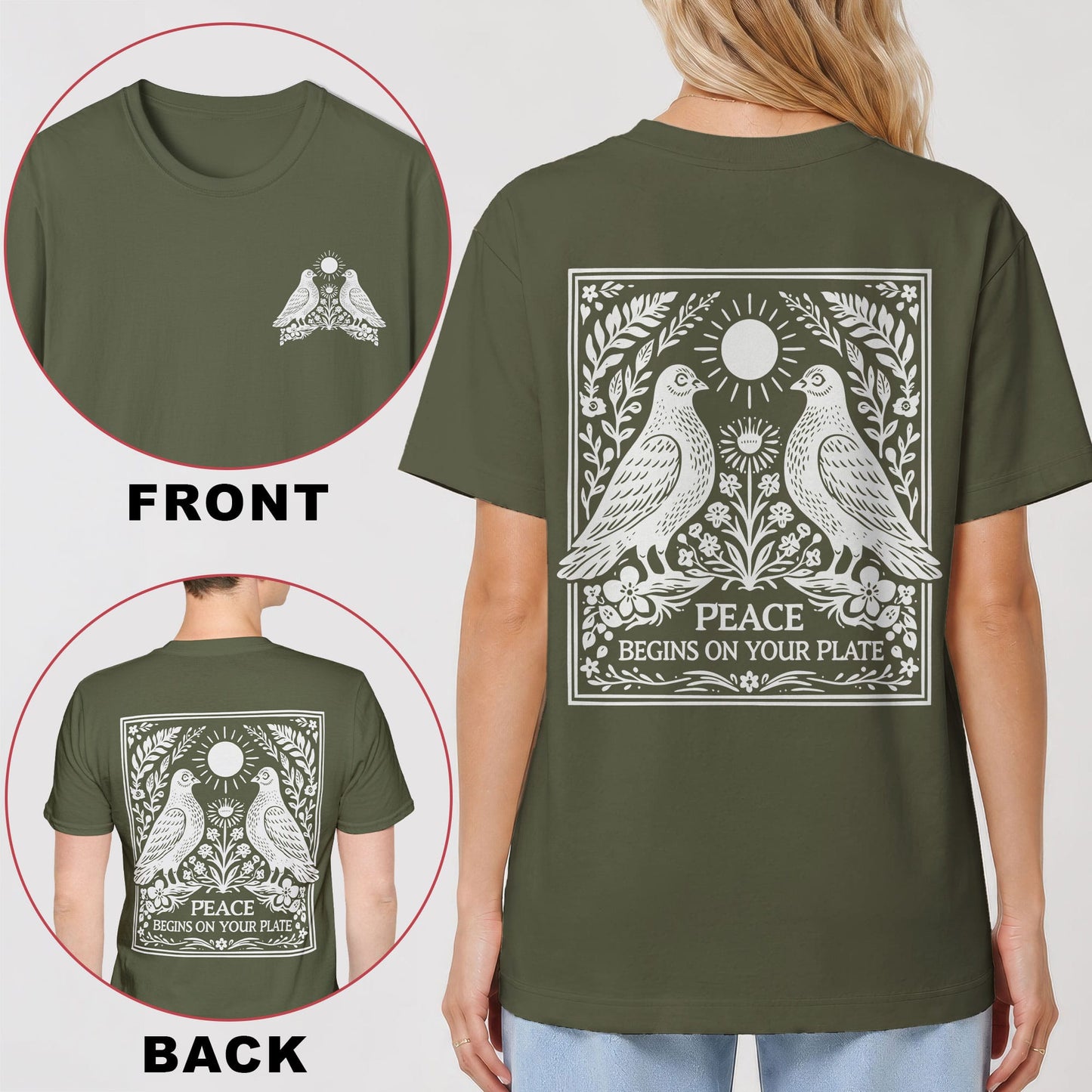 Peace Begins on Your Plate Back Print T-Shirt
