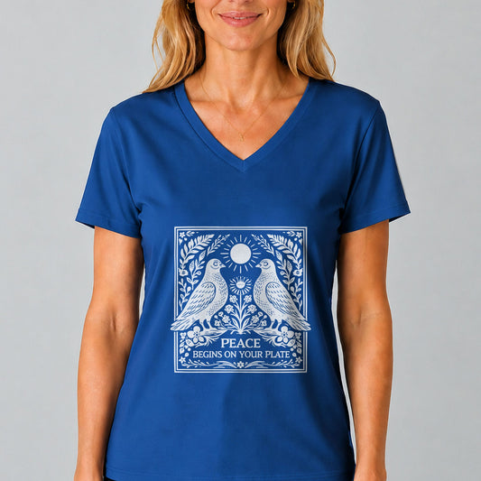 Peace Begins On Your Plate V-Neck | Vegan Graphic Tee