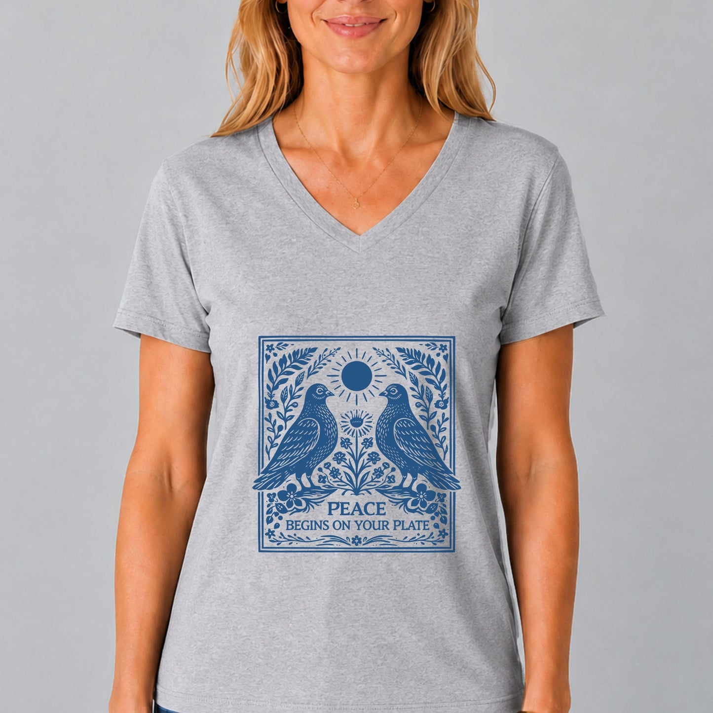 Peace Begins On Your Plate V-Neck | Vegan Graphic Tee