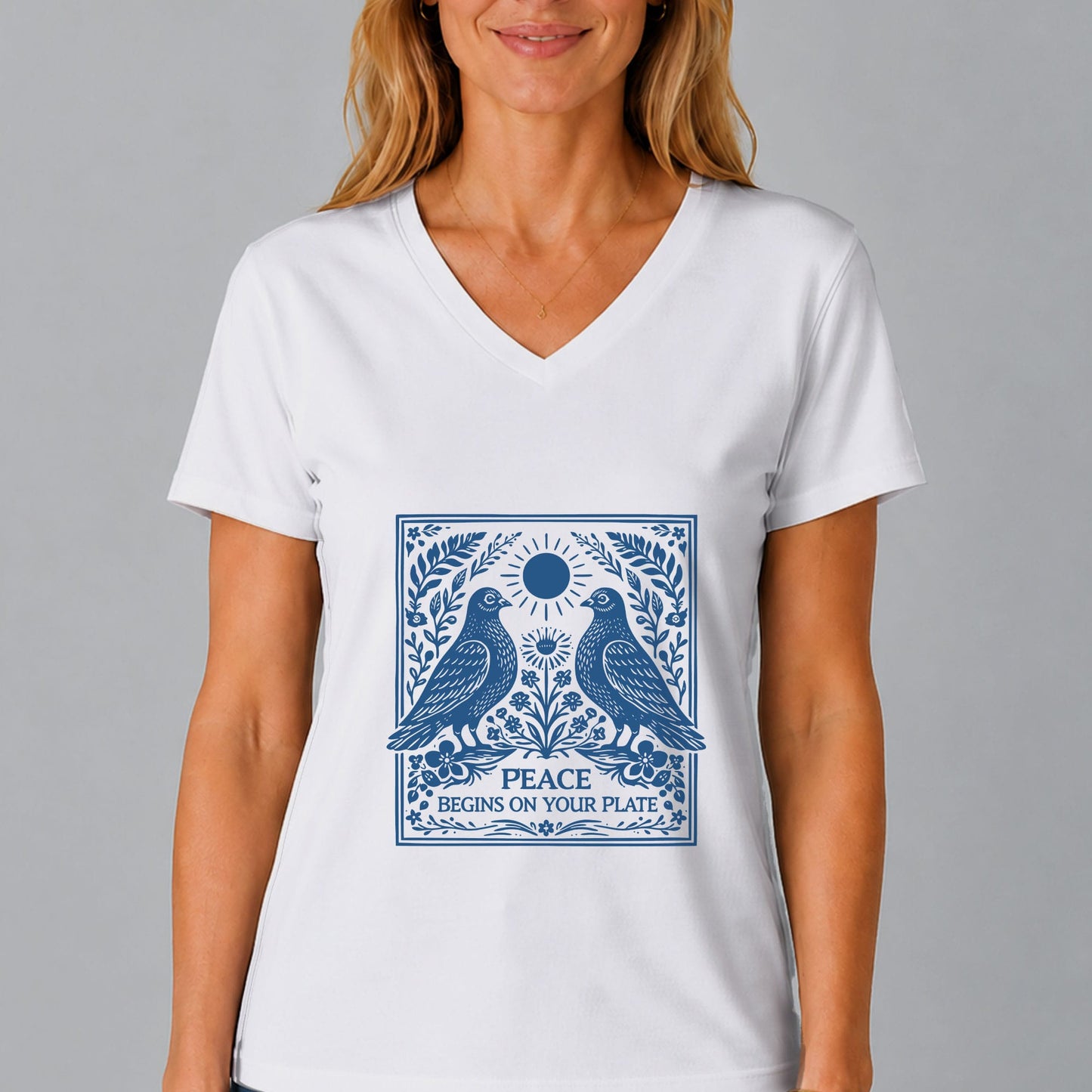 Peace Begins On Your Plate V-Neck | Vegan Graphic Tee