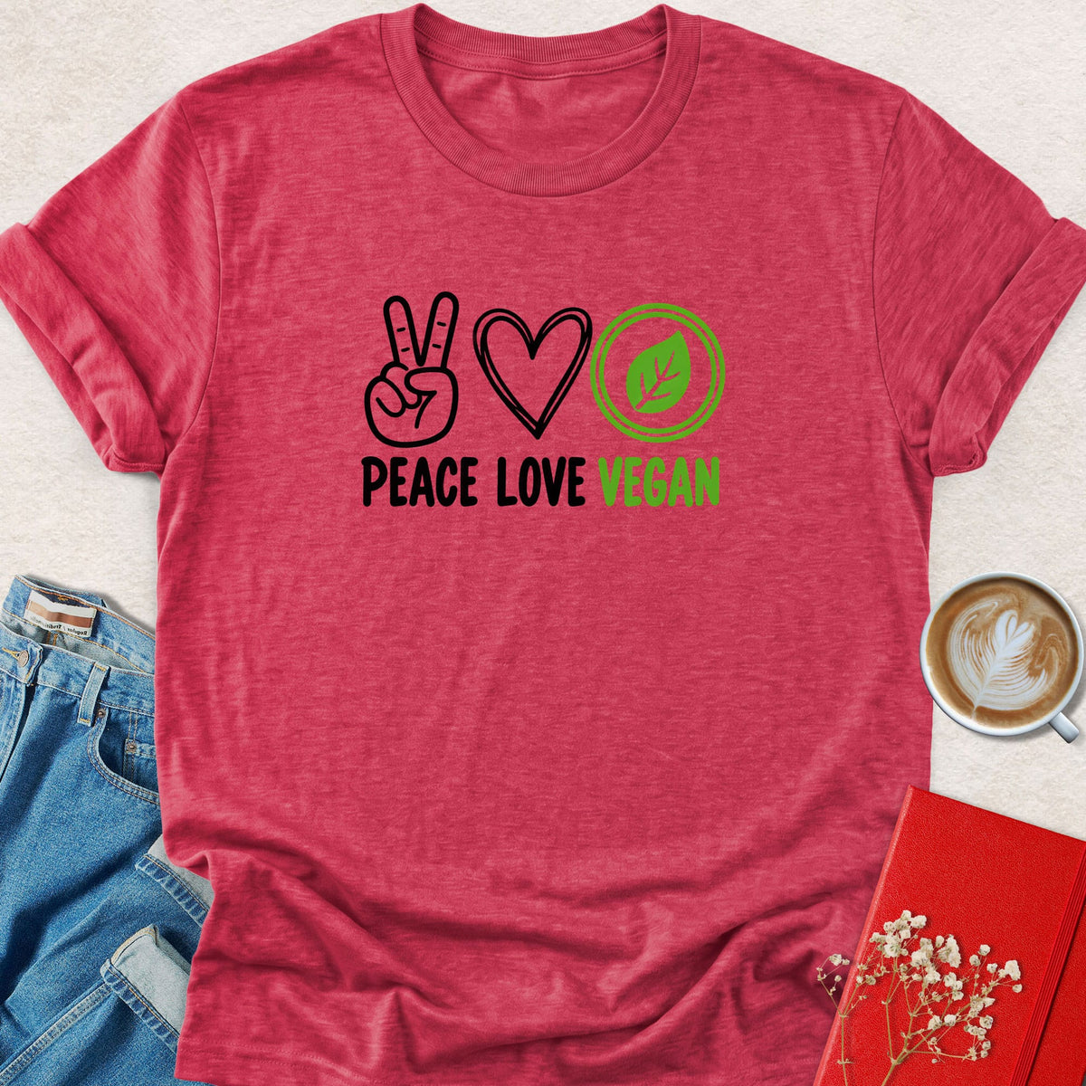 Red heather peace sign graphic T-shirt with Peace Love Vegan lettering and icons
