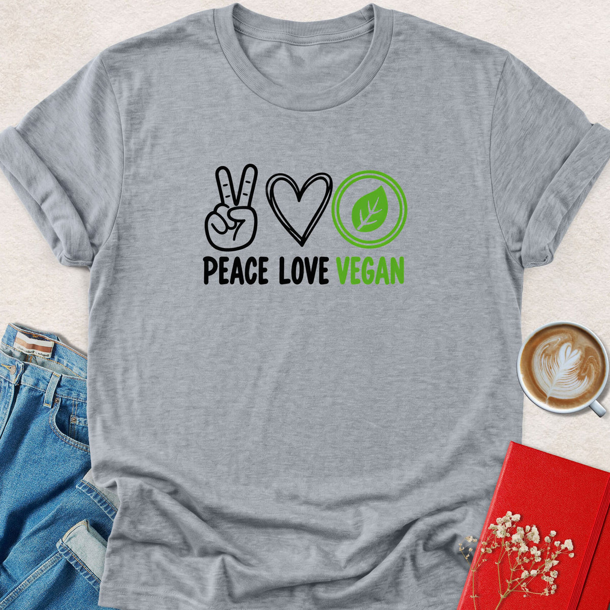Gray peace sign graphic T-shirt with Peace Love Vegan lettering and heart-circle icons