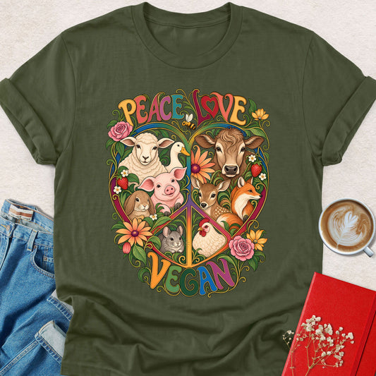Military green t-shirt with colorful Peace Love Vegan animal illustration front print