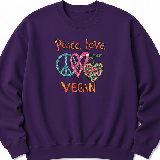 Purple vegan sweatshirt with Peace Love Vegan graphic heart and peace sign