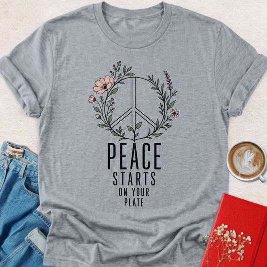 Heather gray crewneck t-shirt with peace sign floral plate graphic on the chest