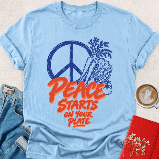 Light blue retro t-shirt with Peace Starts on Your Plate graphic on front