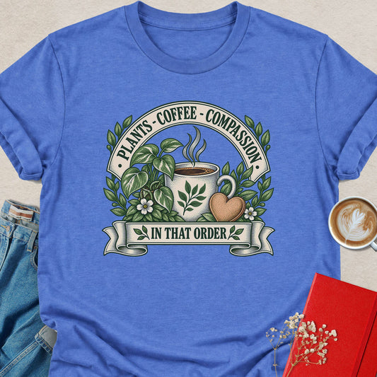 Heather royal T-shirt, large Plants-Coffee-Compassion front graphic
