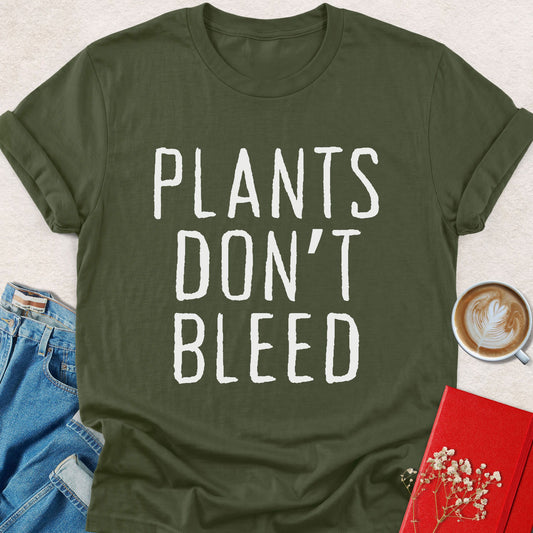 Military green crewneck T-shirt with 'PLANTS DON'T BLEED' graphic