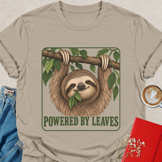 Sand sloth graphic vegan T-shirt with leaf-themed front print