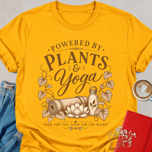 Gold vegan yoga t-shirt with “Powered by Plants & Yoga” logo graphic
