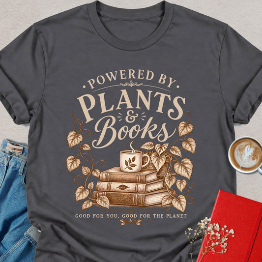 Charcoal vegan t-shirt with “Powered by Plants & Books” graphic print