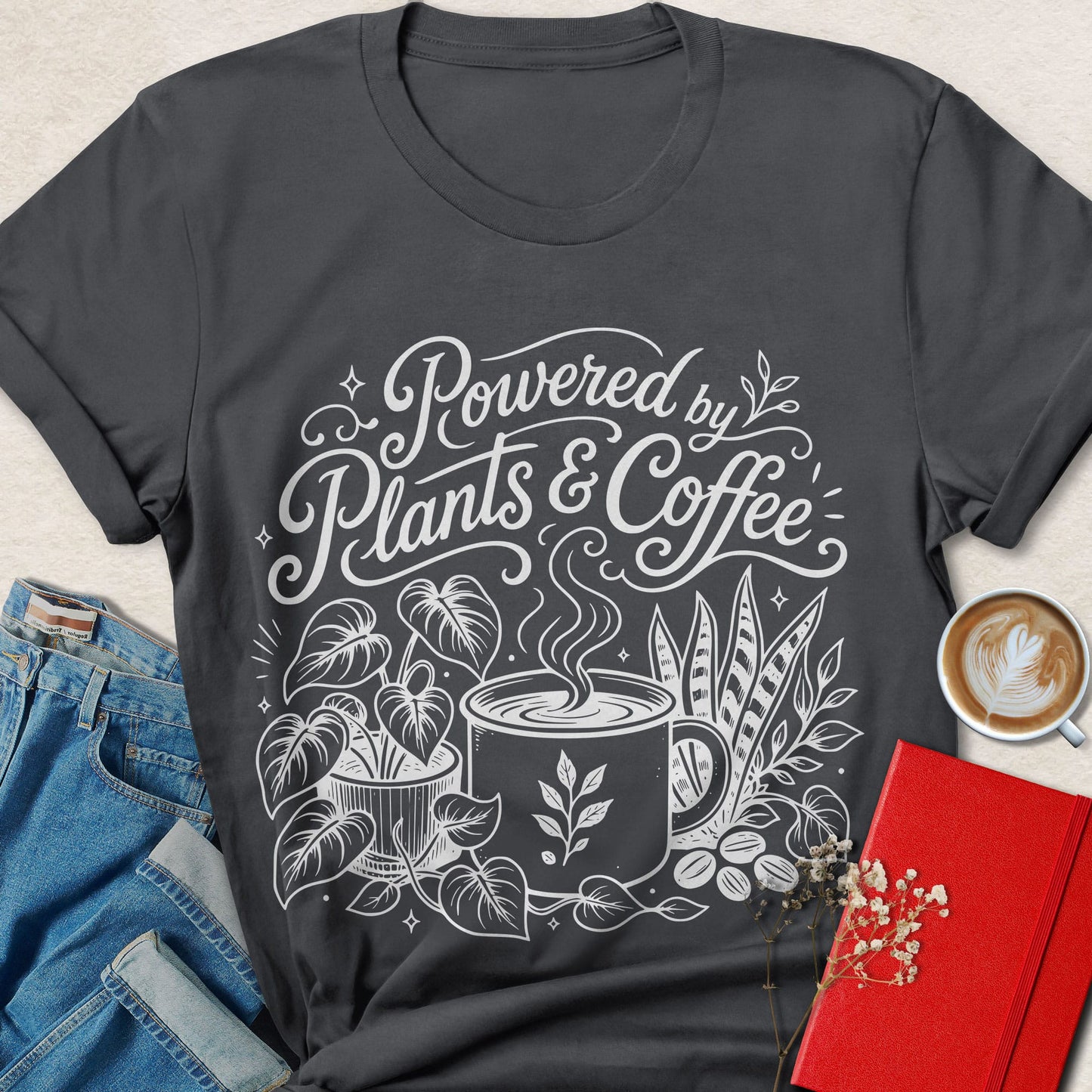 Powered by Plants & Coffee Botanical Line Art T-shirt