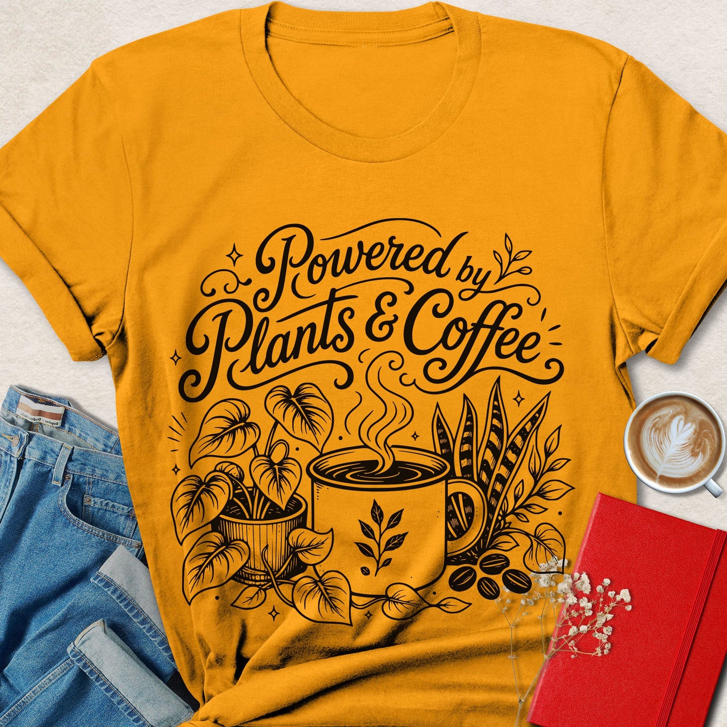 Powered by Plants & Coffee Botanical Line Art T-shirt