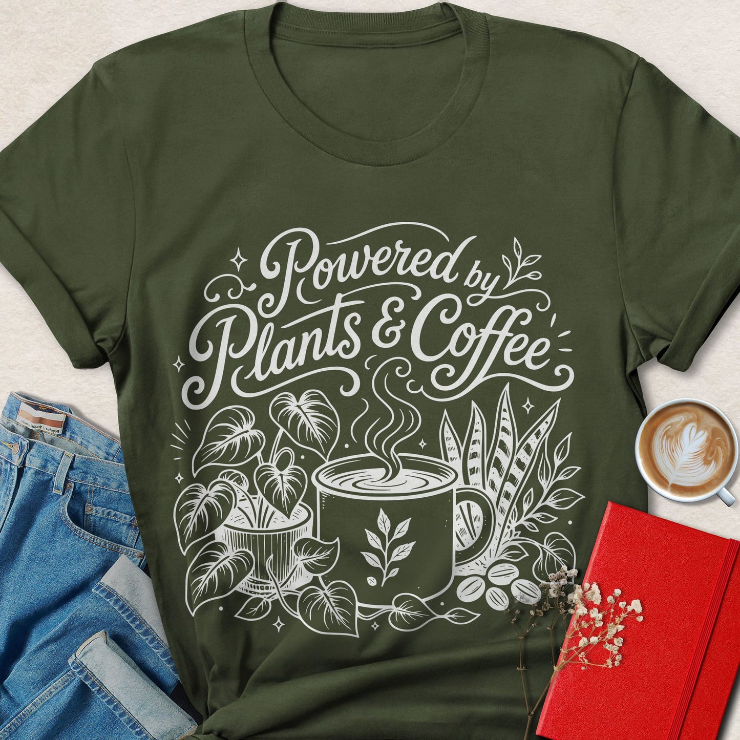 Powered by Plants & Coffee Botanical Line Art T-shirt