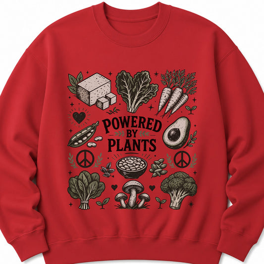 Red plants-themed sweatshirt with 'Powered by Plants' front graphic and peace symbols