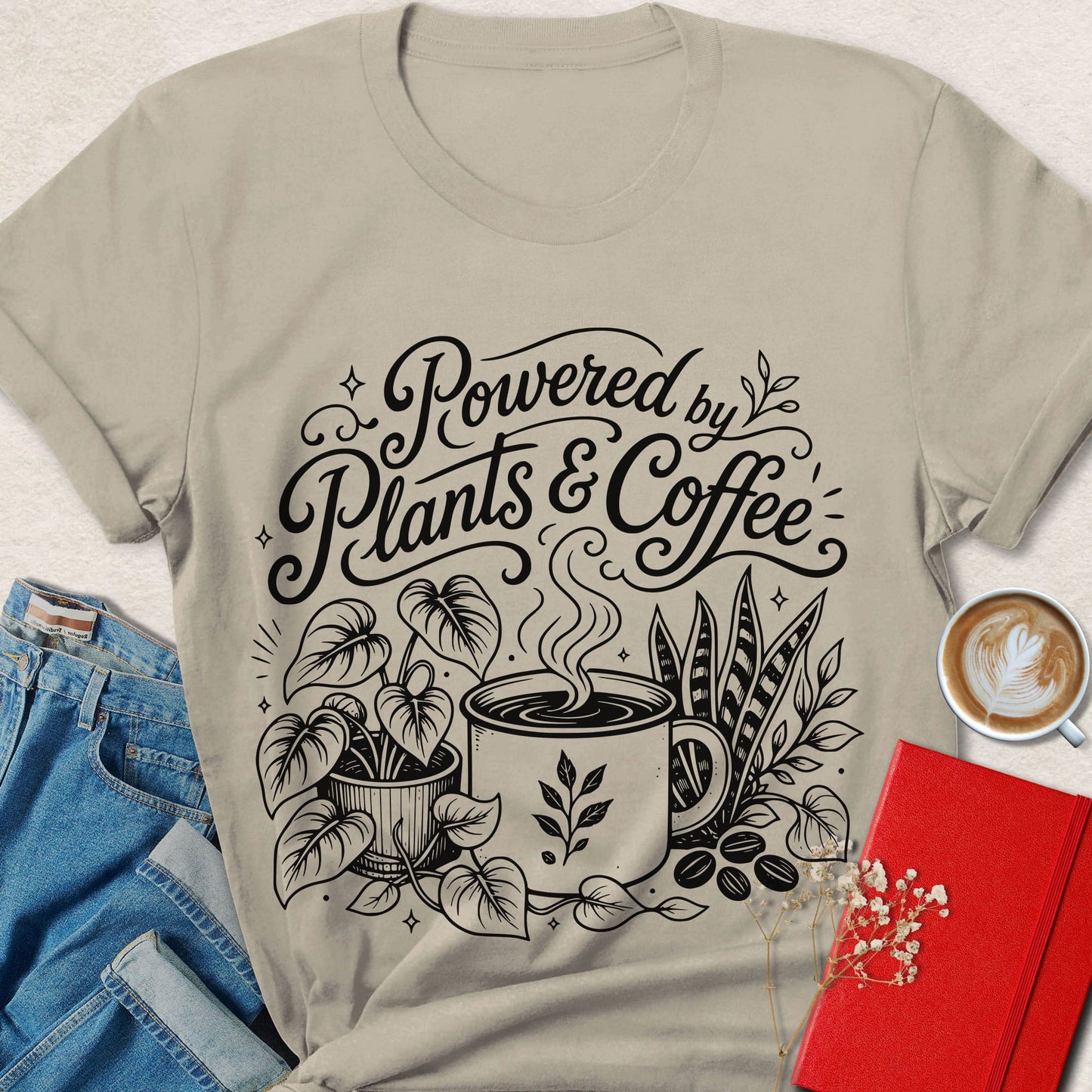 Powered by Plants & Coffee Botanical Line Art T-shirt