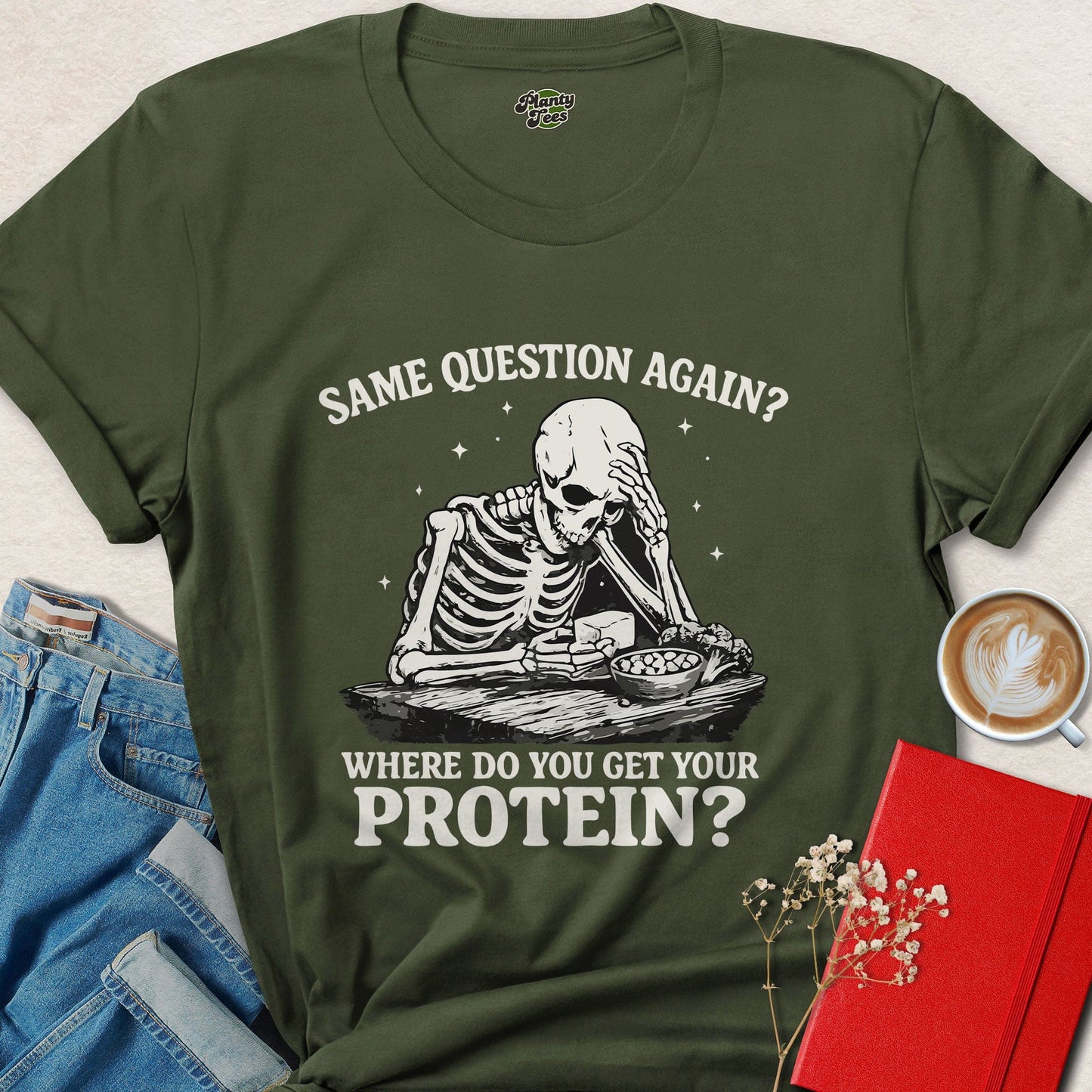 Funny Vegan Skeleton Protein Question Shirt | Vegan Humor Tee