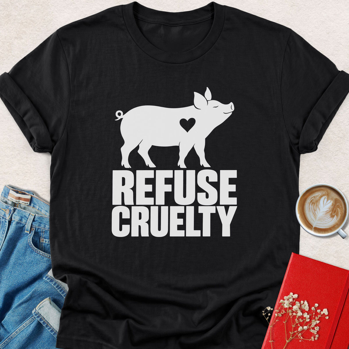 Black pig heart T-shirt with 'REFUSE CRUELTY' lettering