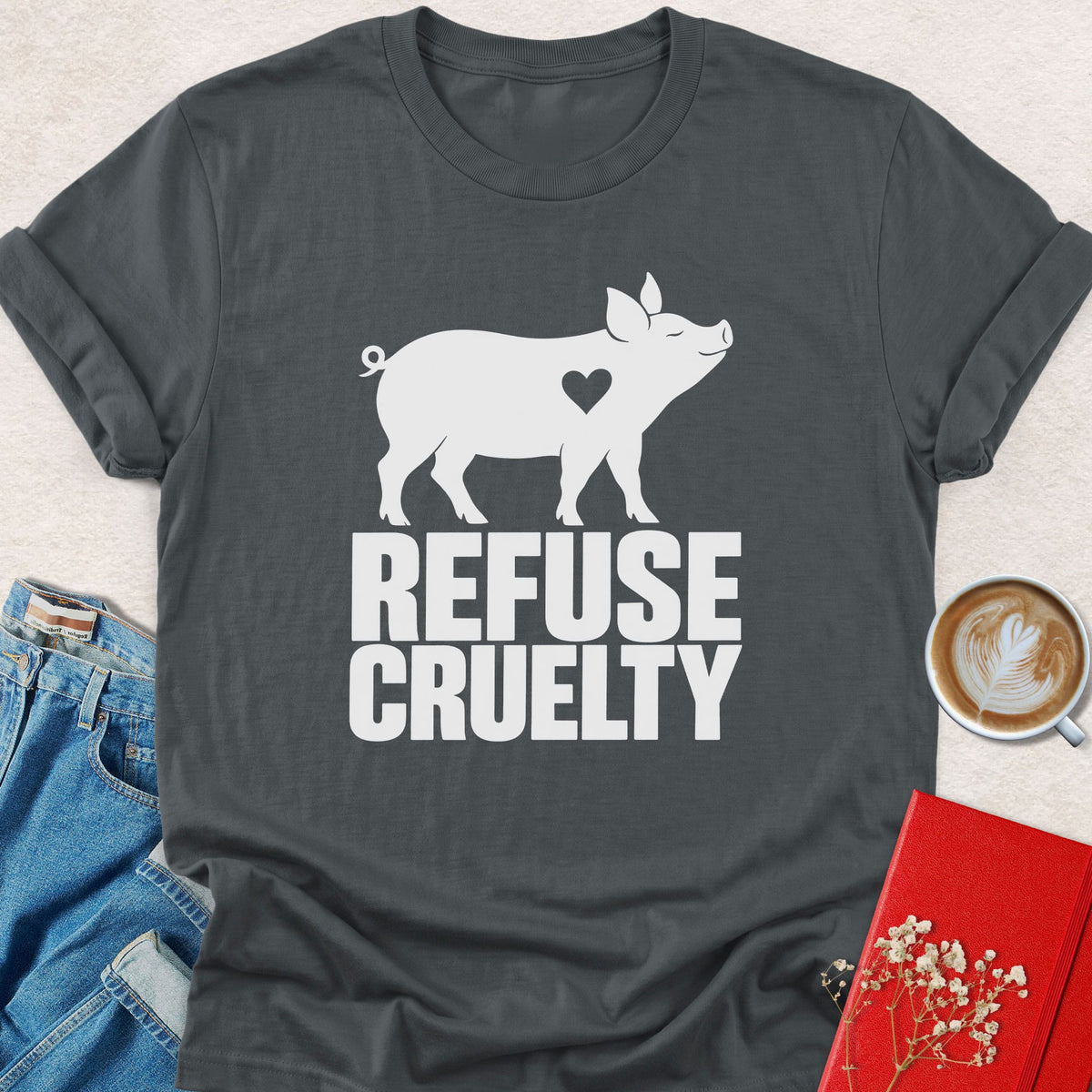 Charcoal gray pig heart T-shirt with 'REFUSE CRUELTY' lettering