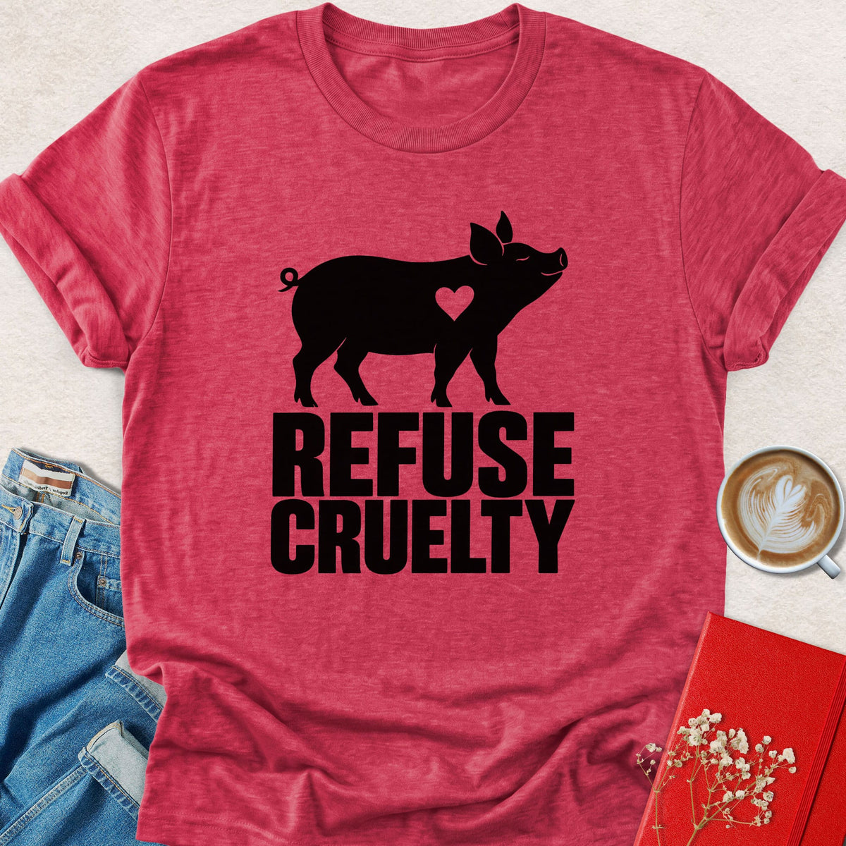 Heather red pig heart T-shirt with 'REFUSE CRUELTY' lettering
