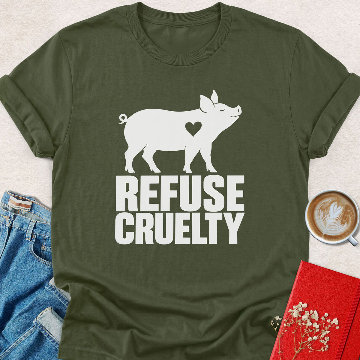 Military green pig heart T-shirt with 'REFUSE CRUELTY' lettering