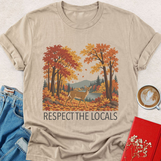 Sand crewneck t-shirt with deer graphic and "Respect the Locals" text.