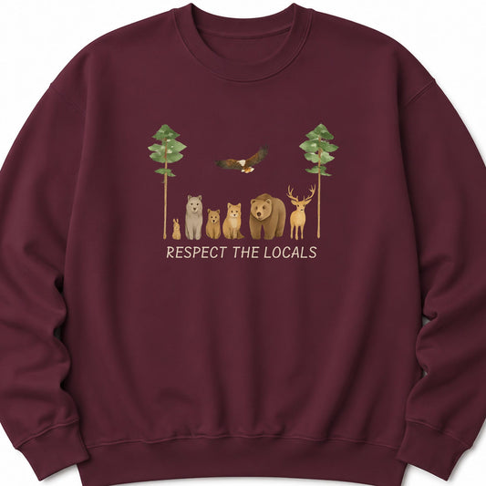 Maroon crewneck sweatshirt with animal graphic and "Respect the locals" text