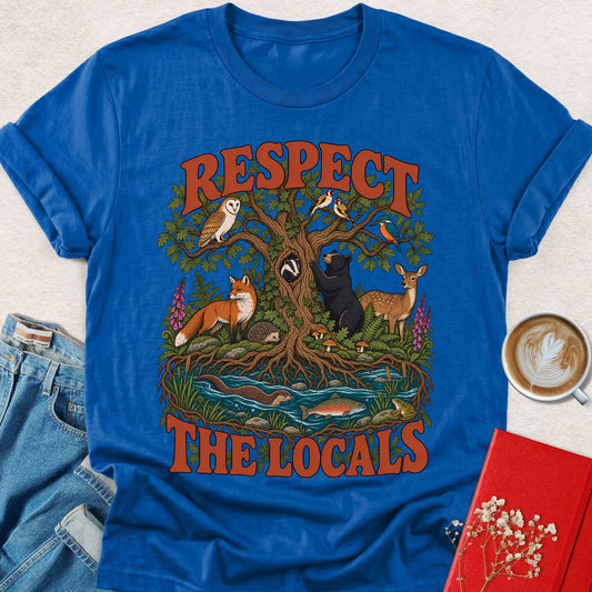 Royal blue T-shirt with vintage wildlife tree graphic, 'RESPECT THE LOCALS' print