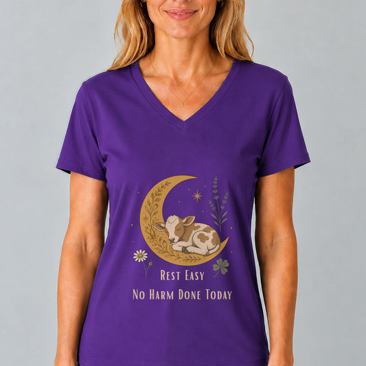 Purple v-neck T-shirt with moon-cat graphic: Rest Easy No Harm Done Today