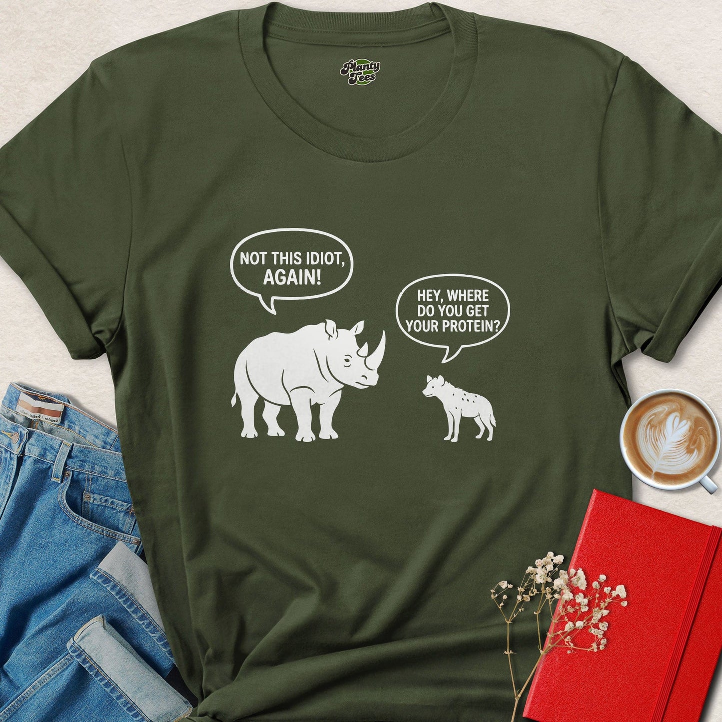 Where Do You Get Protein Rhino vs Hyena Funny Vegan T-Shirt