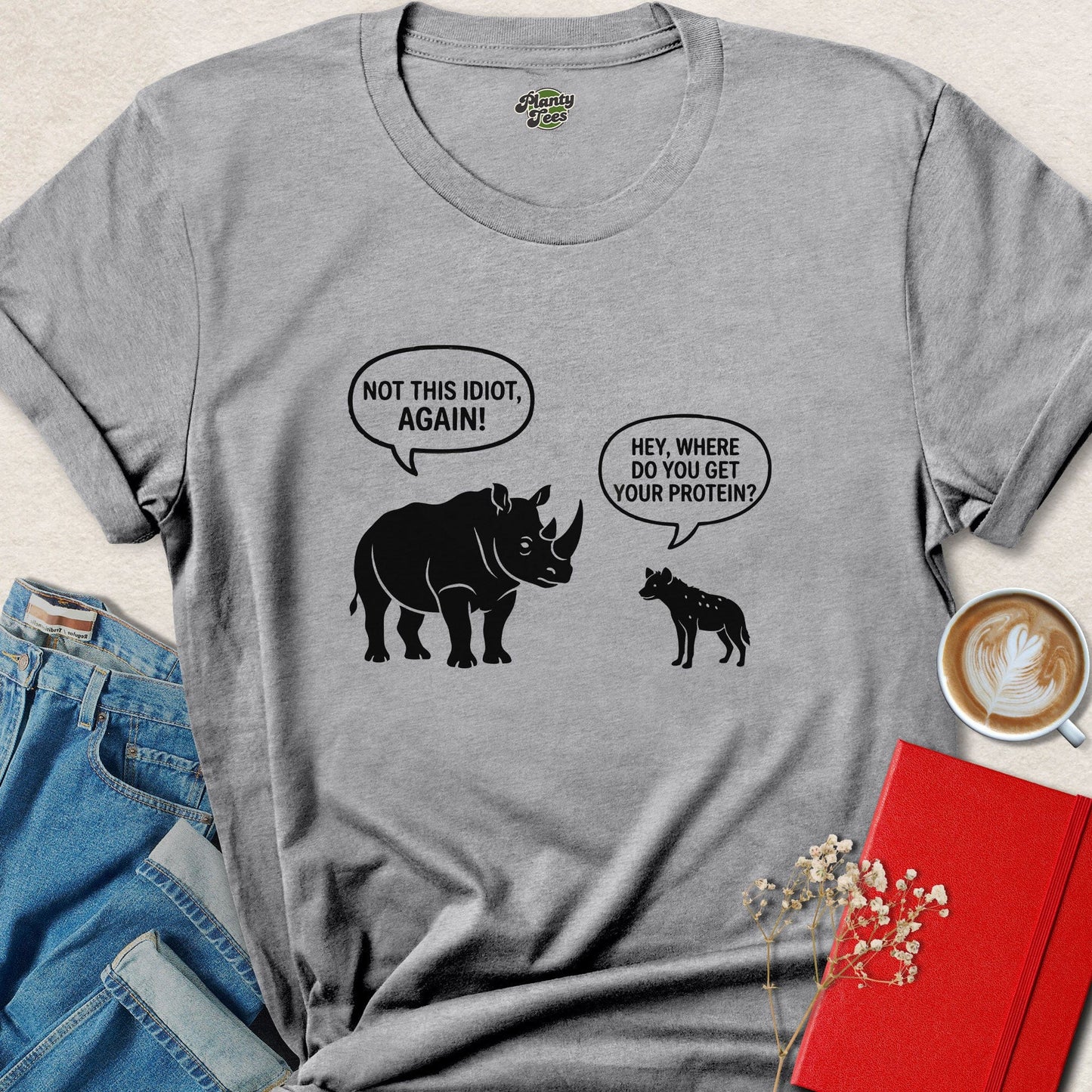 Where Do You Get Protein Rhino vs Hyena Funny Vegan T-Shirt
