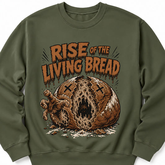 Military green crewneck sweatshirt with Halloween bread graphic and distressed lettering
