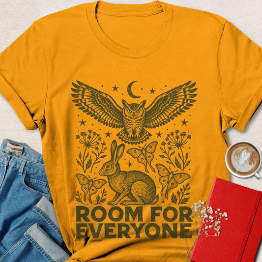 Gold T-shirt with owl, rabbit and floral butterfly graphic