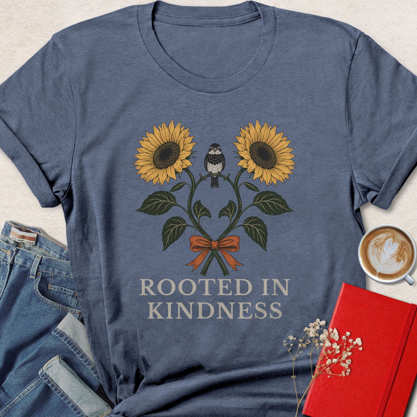Rooted in Kindness Sunflower & Bird Illustration T-Shirt