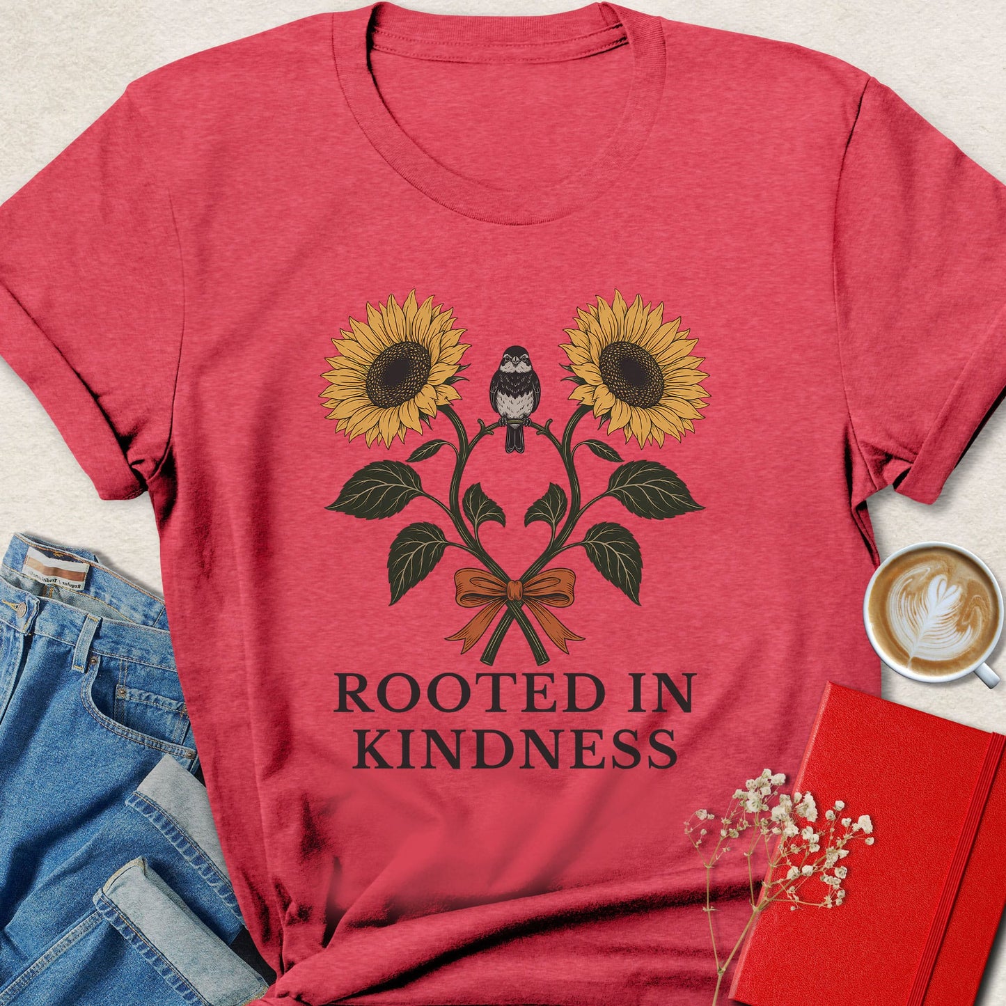 Rooted in Kindness Sunflower & Bird Illustration T-Shirt