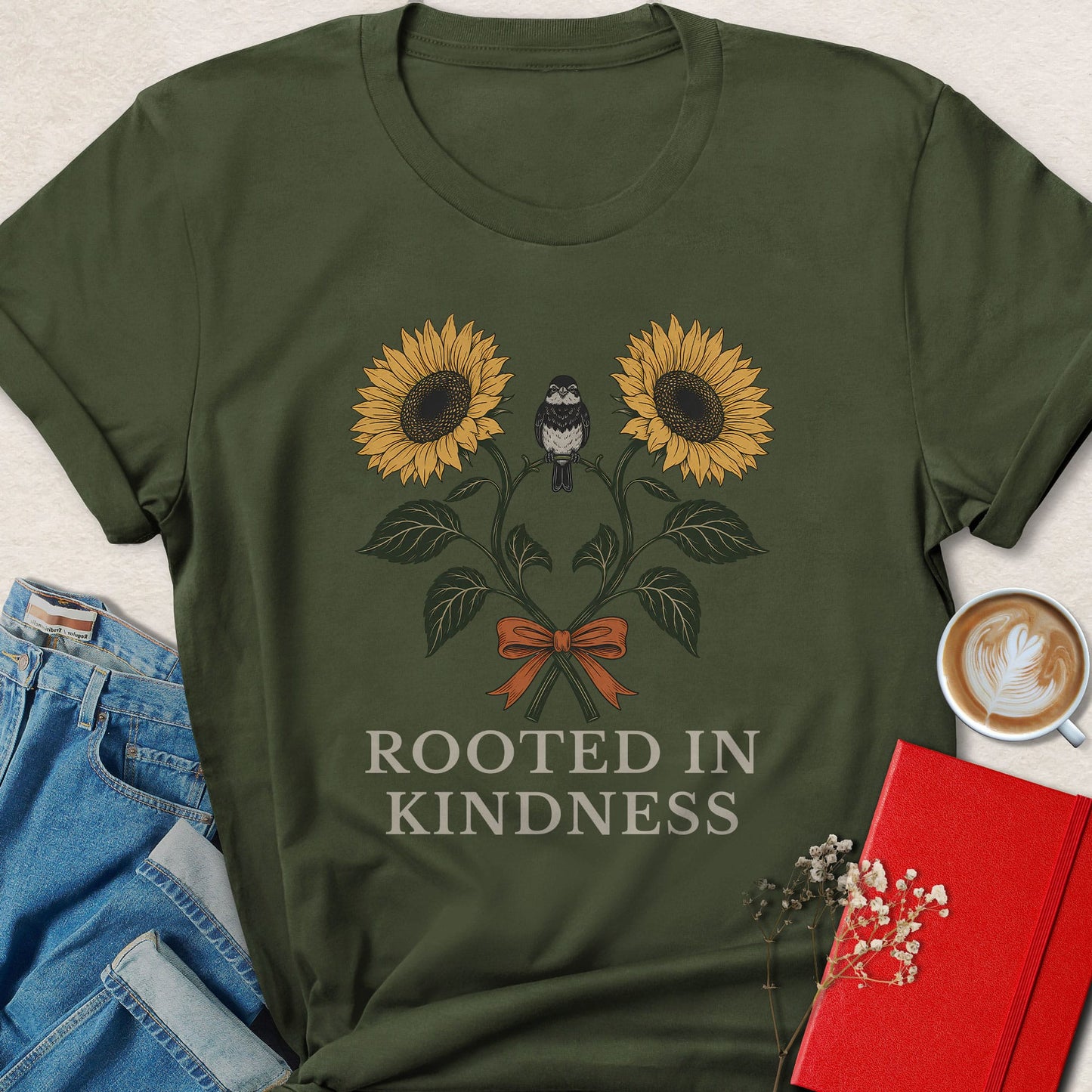 Rooted in Kindness Sunflower & Bird Illustration T-Shirt