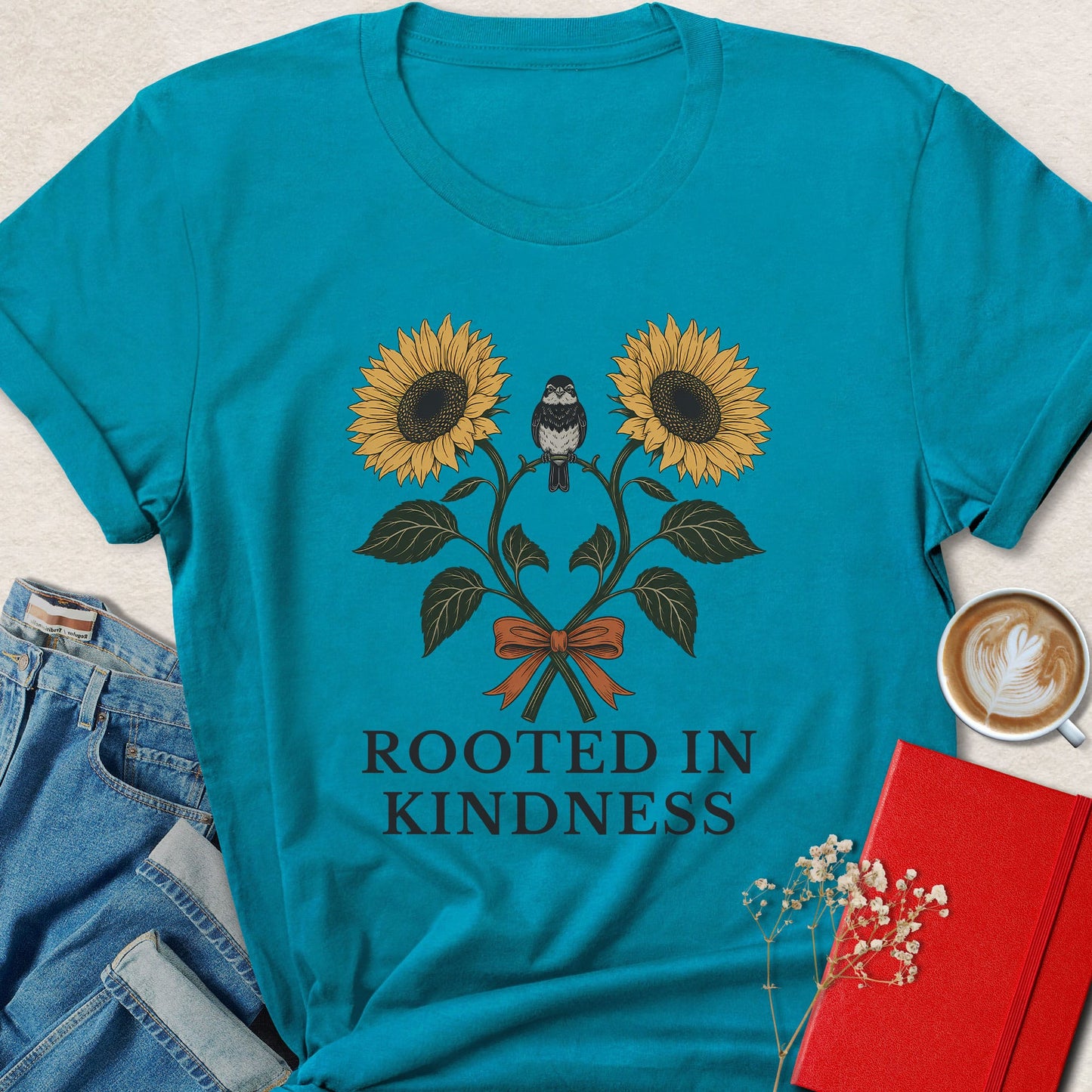 Rooted in Kindness Sunflower & Bird Illustration T-Shirt