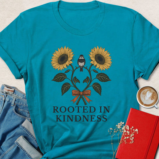 Rooted in Kindness Sunflower & Bird Illustration T-Shirt