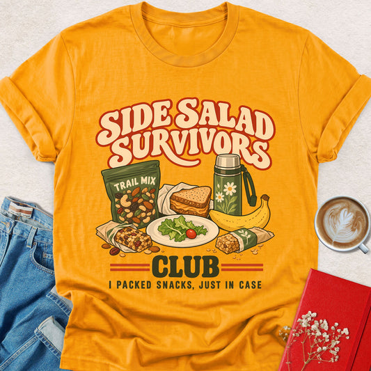 Gold short-sleeve T-shirt with salad-themed front graphic and crew neck